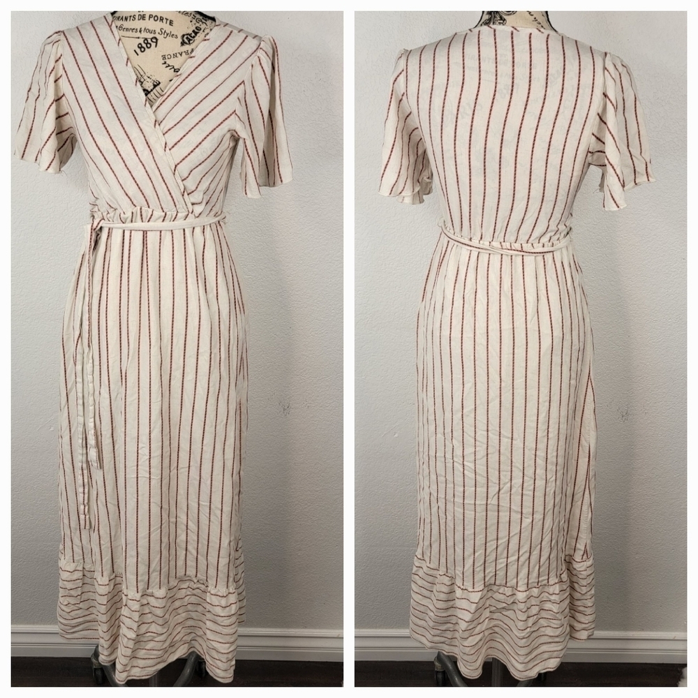 Antoinette Sz S Maxi Dress Faux Wrap Belted Linen Striped Cottagecore